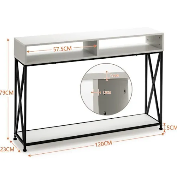 COSTWAY Sideboards>Konsolbord i industriell stil 120 x 23 x 79 CM Stålstativ Anti-tip Entréskåp Vit