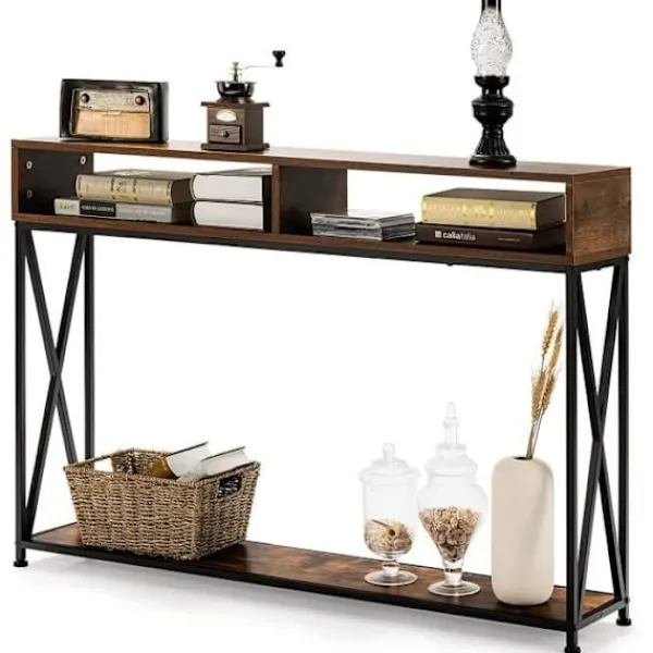 COSTWAY Sideboards>Konsolbord i Industriell Stil 120 x 23 x 79 CM Stålstruktur Hallmöbel Antiktippskydd Rustik Brun