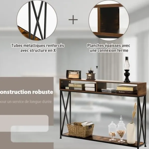 COSTWAY Sideboards>Konsolbord i Industriell Stil 120 x 23 x 79 CM Stålstruktur Hallmöbel Antiktippskydd Rustik Brun