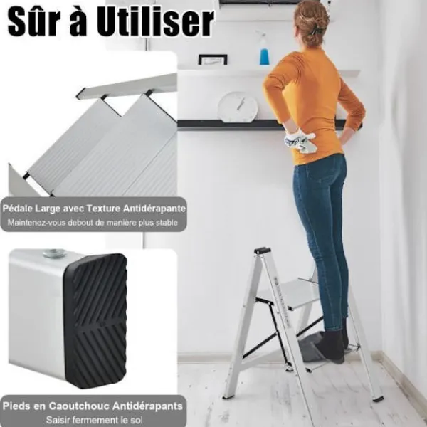 Balkongmöbler>COSTWAY Portabel 2-Stegs Hopfällbar Aluminiumstege med Bred Plattform Halkfria Gummifötter Lastkapacitet 150 kg