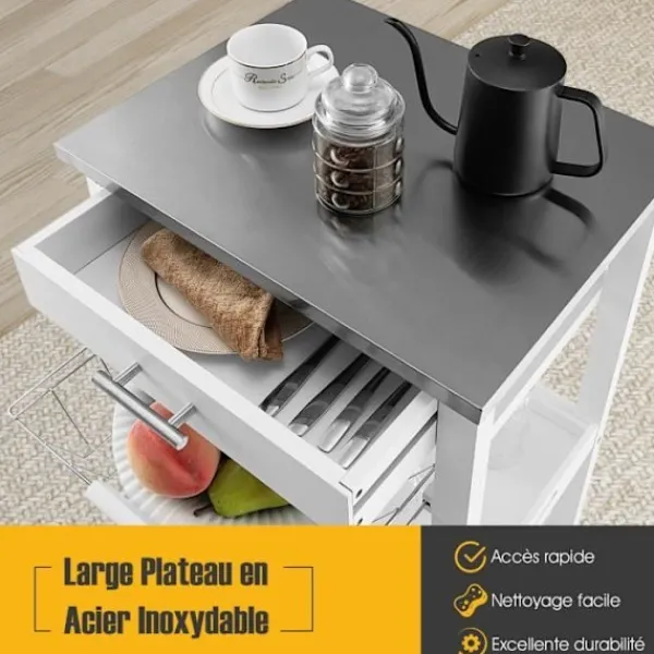 COSTWAY Sideboards>Rullande köksvagn med låda och trådkorg, serveringsvagn med rostfri stålbricka