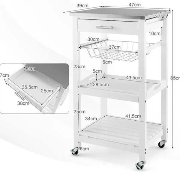 COSTWAY Sideboards>Rullande köksvagn med låda och trådkorg, serveringsvagn med rostfri stålbricka