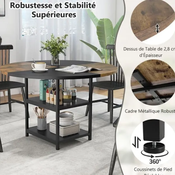 COSTWAY Matgrupper>Rund Matbord i Trä 119 cm för 4-6 Personer - Tvåfärgad Design med Block, 2 Hyllor & Metallben