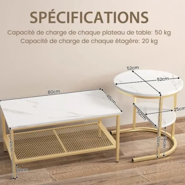 COSTWAY Soffbord>Set med 2 skandinaviska soffbord - Marmortryck sidobord - Guld metallram, justerbara fotstöd