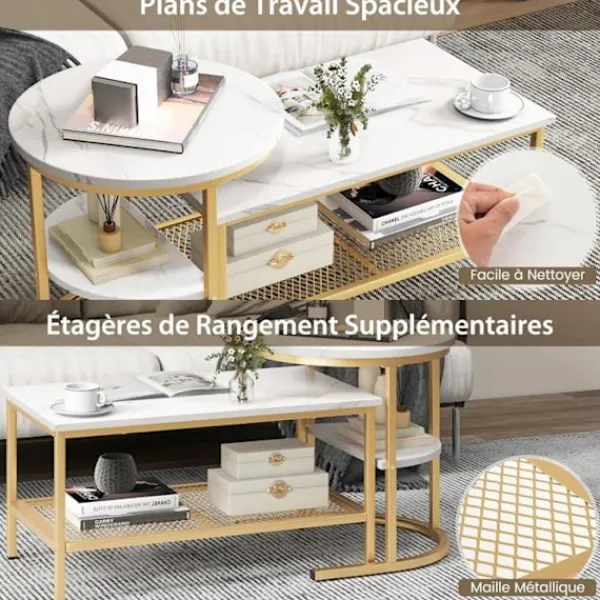 COSTWAY Soffbord>Set med 2 skandinaviska soffbord - Marmortryck sidobord - Guld metallram, justerbara fotstöd