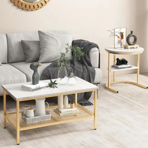 COSTWAY Soffbord>Set med 2 skandinaviska soffbord - Marmortryck sidobord - Guld metallram, justerbara fotstöd