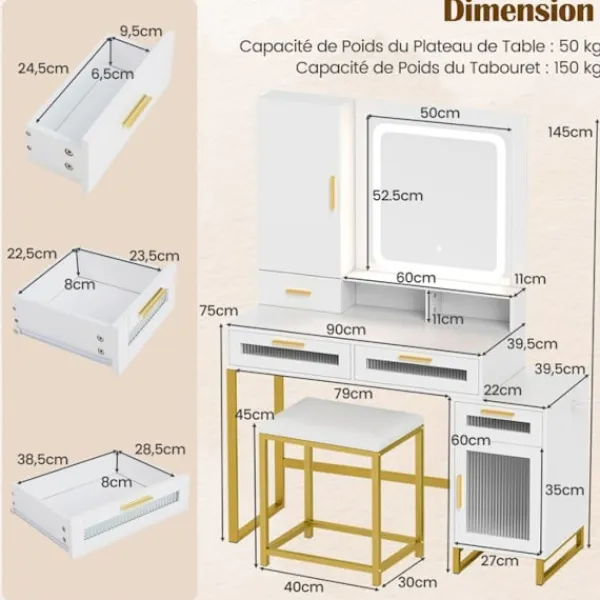 COSTWAY Sminkbord>Skrivbord och Pall, LED Belysningsspegel med 3 Färger, Laddstation, Smyckeskåp, 4 Lådor och Dörr