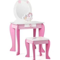 COSTWAY Sminkbord>Sminkbord för barn Sminkbord med pall, löstagbar spegel och 1 förvaringslåda i Princess Style