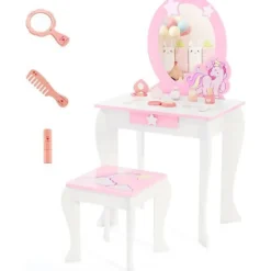 COSTWAY Sminkbord>Sminkbord för barn Sminkbord med pall, avtagbar spegel och 1 Princess Style förvaringslåda Vit