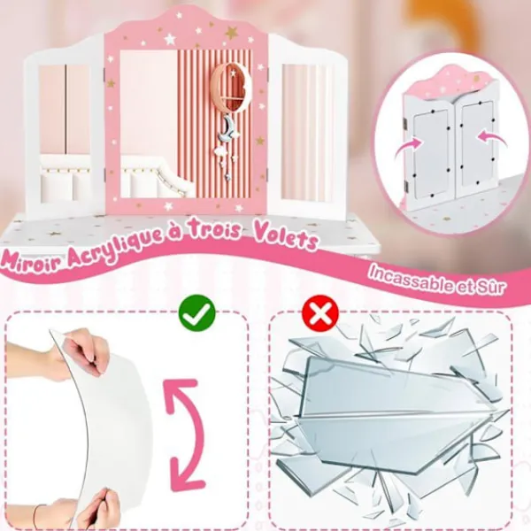 COSTWAY Sminkbord>sminkbord och pallset för barn, avtagbar 3-faldig spegel, sminkbord med låda vit