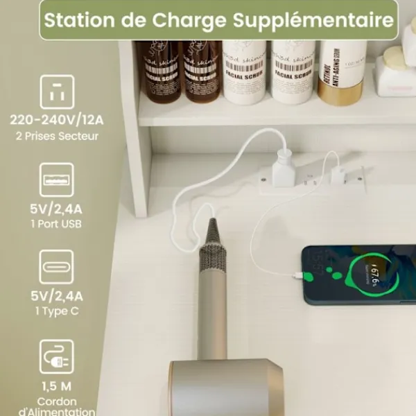 COSTWAY Sminkbord>Sminkbord och Stol, med Spegel och Justerbart LED-ljus i 3 Färger, Laddstation, 4 Lådor,
