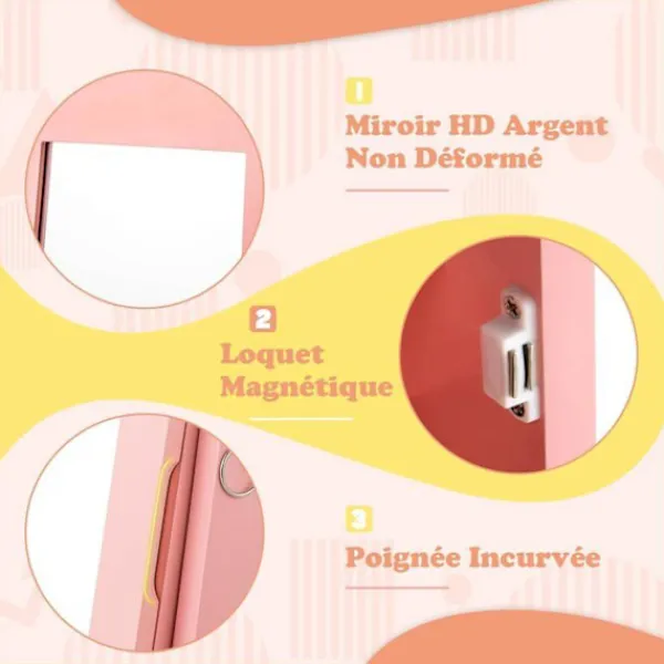 COSTWAY Sminkbord>Smyckesskåp för barn, fristående spegel med stor förvaringskapacitet och vridbar bas, rosa