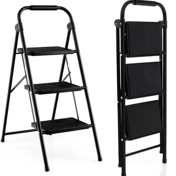 COSTWAY Pallar>Step Pall 3 Steg Vikbar Bred Heavy Metal Ram Halkfri pedal 64 x 39 x 90 cm Kapacitet 150 kg Svart