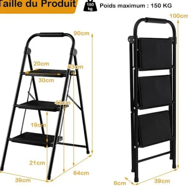 COSTWAY Pallar>Step Pall 3 Steg Vikbar Bred Heavy Metal Ram Halkfri pedal 64 x 39 x 90 cm Kapacitet 150 kg Svart