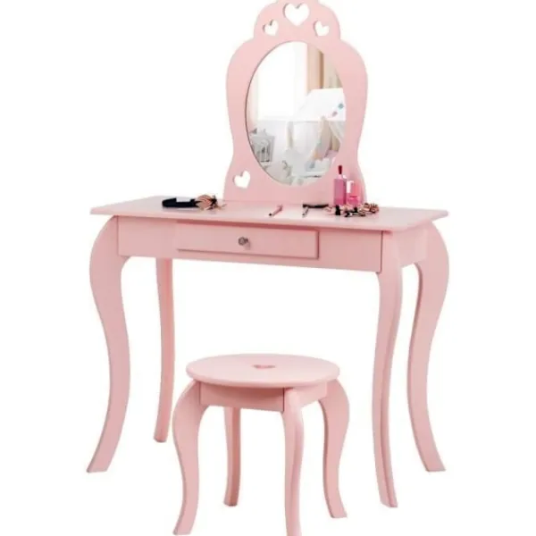 COSTWAY Sminkbord>toalettbord för barn med spegel, inklusive sminkbord och pall, avtagbar skiva,