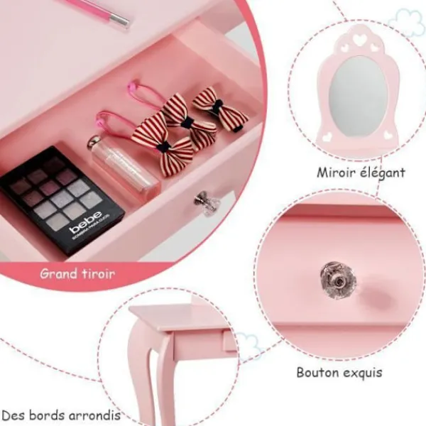 COSTWAY Sminkbord>toalettbord för barn med spegel, inklusive sminkbord och pall, avtagbar skiva,
