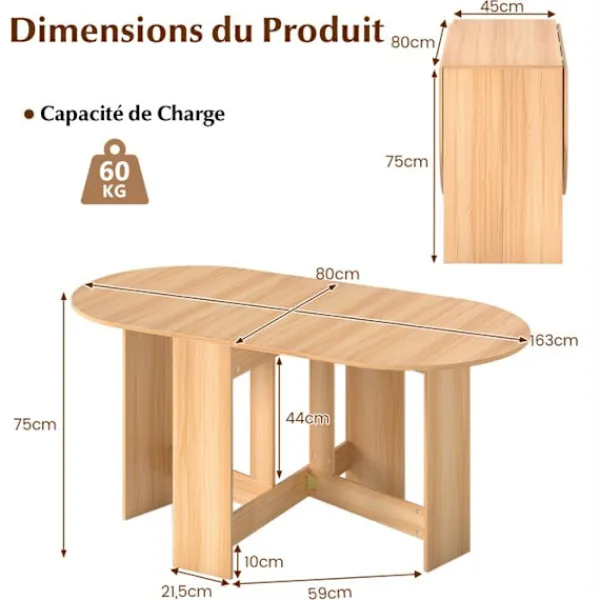 COSTWAY Matgrupper>Utökningsbart Matbord för 4-7 - Konvertibel med 2 Halvoval Förlängningar och Korsbas 163 x 80 x 75CM Naturlig