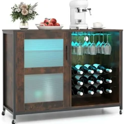 COSTWAY Sideboards>Vinbar med LED-lampor, Justerbara hyllor, Glas- och flaskstöd, Köksskänk på hjul