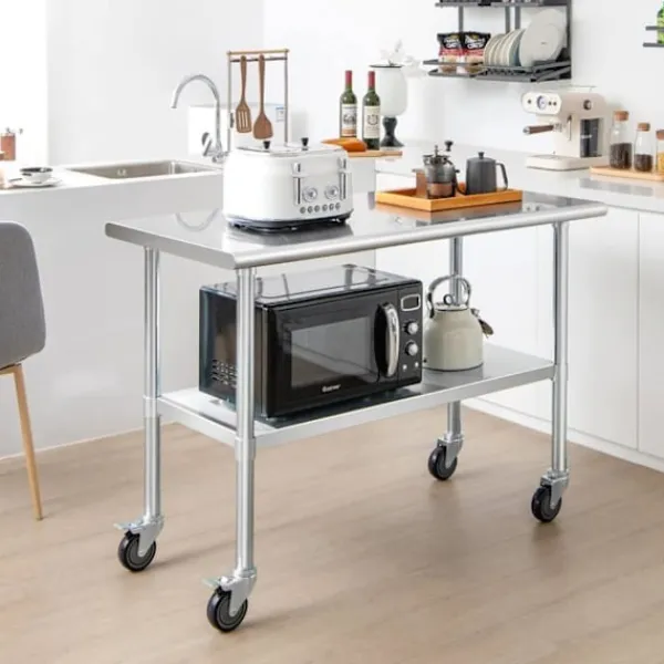 COSTWAY Matbord>2-vånings rostfritt stål rullande köksbänksbord med justerbar nedre hylla Max belastning 250 kg