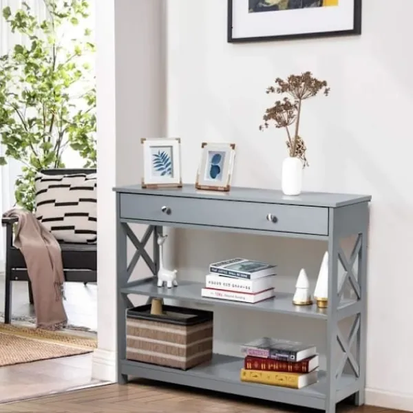 COSTWAY Sideboards>-konsol, entréenhet - 100 x 30 x 80 CM - 1 låda och 2 förvaringshyllor för hall, vardagsrum grå