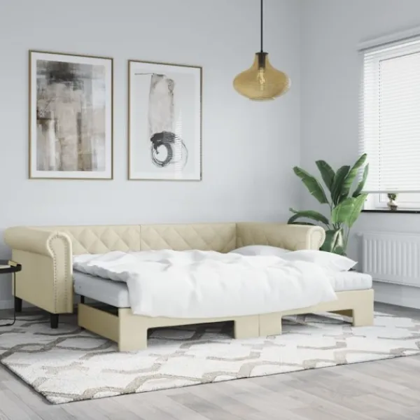 vidaXL Soffor>Dagbädd utdragbar med madrasser gräddvit 90x200 cm konstläder