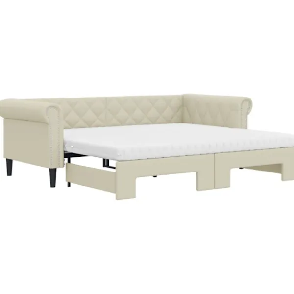 vidaXL Soffor>Dagbädd utdragbar med madrasser gräddvit 90x200 cm konstläder