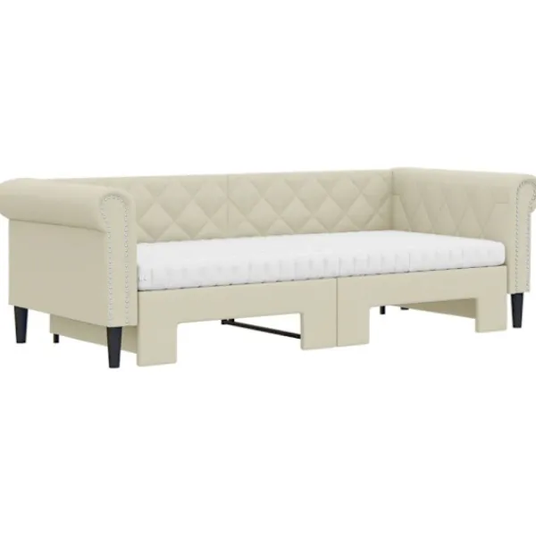 vidaXL Soffor>Dagbädd utdragbar med madrasser gräddvit 90x200 cm konstläder