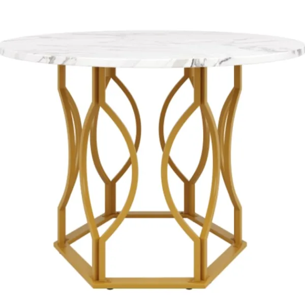 Matgrupper>5-delars matbordset guld/grön – Runt bord ø100 cm med vit MDF-skiva & 4 mörkgröna sammetsstolar, eleganta guldiga ben