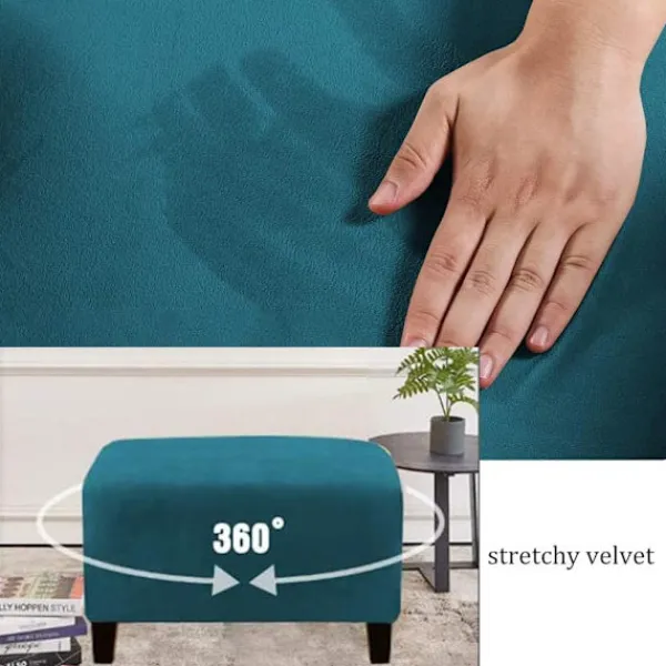 Sittpuffar>(Djuphavsblå) Stretch Pouf-överdrag Sammet Ottoman-överdrag Rektangulär