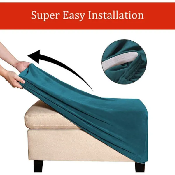 Sittpuffar>(Djuphavsblå) Stretch Pouf-överdrag Sammet Ottoman-överdrag Rektangulär