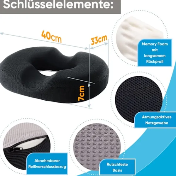 Stolar>Donutkudde för Hemorrojder - 100% Memory Foam Kuddar med Halkfri Botten - Fast Ortopedisk Sits - Smärtlindring för Svanskotan