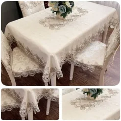 Matgrupper>Duk med blommönster, broderad spets, skrynkelfri & fläckbeständig tygduk, bordsöverdrag för kök, middag - linnegrå 145*145CM