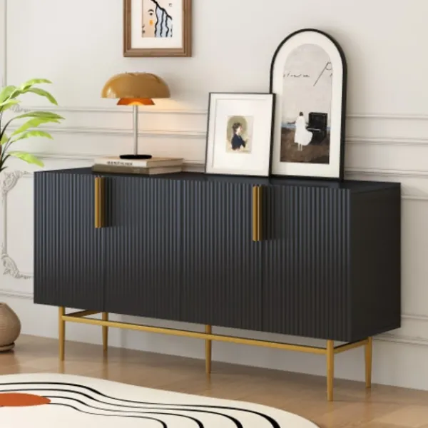 Sideboards>Elegant svart skänk med 4 dörrar – handtag i guldmetall – modernt bufféskåp för matsal/vardagsrum/golv