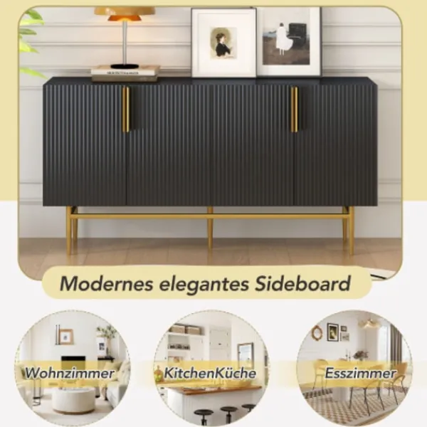 Sideboards>Elegant svart skänk med 4 dörrar – handtag i guldmetall – modernt bufféskåp för matsal/vardagsrum/golv