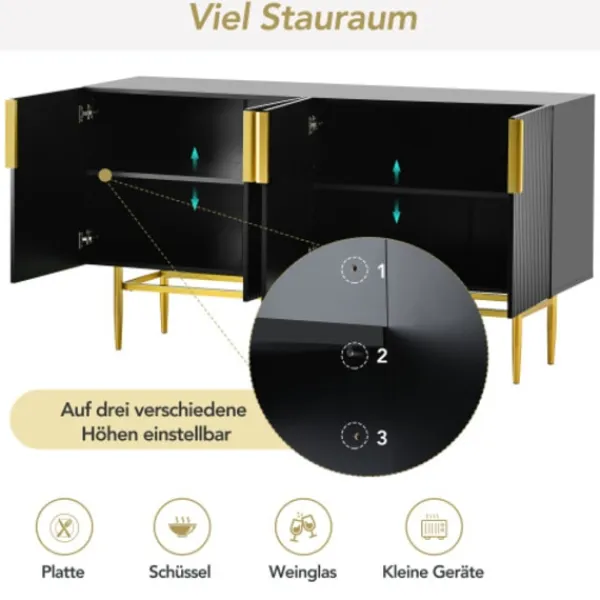 Sideboards>Elegant svart skänk med 4 dörrar – handtag i guldmetall – modernt bufféskåp för matsal/vardagsrum/golv