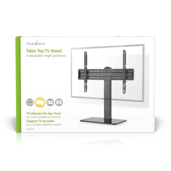 Nedis Tv-Bänkar>Fast TV Stand | 37 - 70 " | Maximal skärmvikt som stöds: 40 kg | Justerbar förinställda höjder | Härdat glas / Stål | Svart