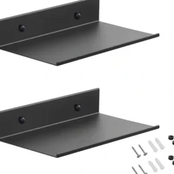 Hyllor>Flytande Metall Vägg Hylla Set, 2 Svarta 20cm Badrumshyllor med Hål & Skruvar [ZHE]
