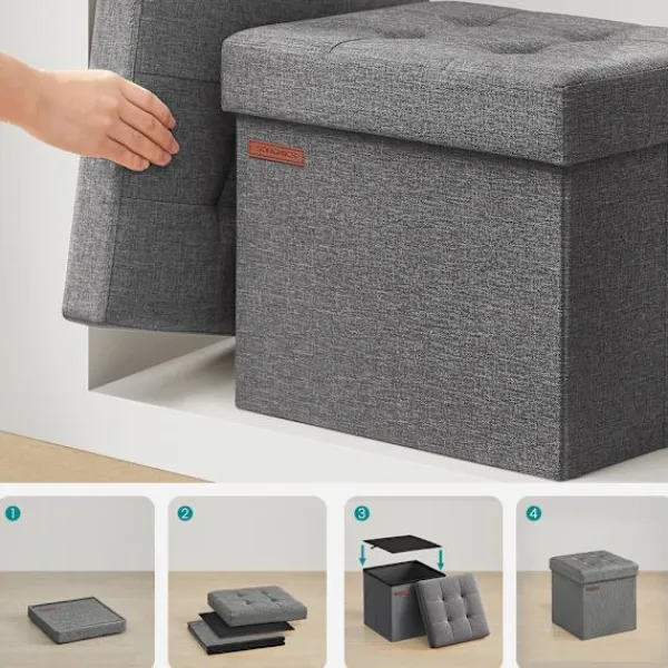 LBJ Sittpuffar>Foldable Soft Footstool with Storage in Dark Grey Fabric
