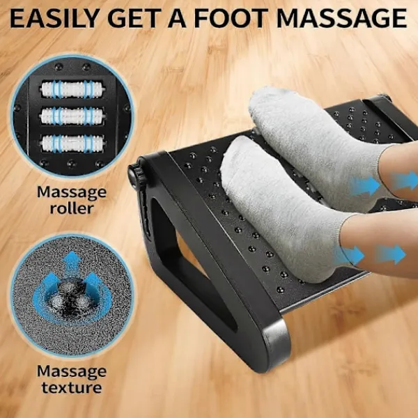 Vett Kontorsmöbler>Fotstöd Under Skrivbord, Ergonomisk Fotpall på Jobbet med 6 Justerbara Höjder och Massagefunktion, Bekvämt Fotstöd Under Skrivbord (Svart)