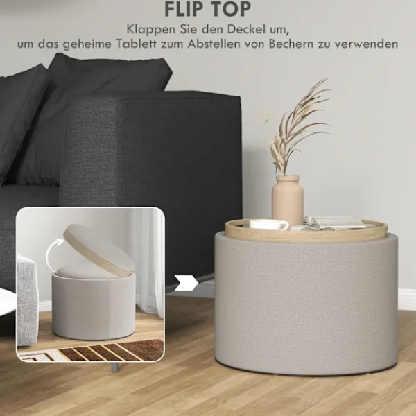 Northio Sittpuffar>Förvaringsottoman med bricka, ljusgrå, linnelook, 56x56x42 cm