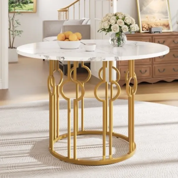 Matbord>Gyllene runt matbord med marmorskiva – multifunktionellt bord för kök och vardagsrum