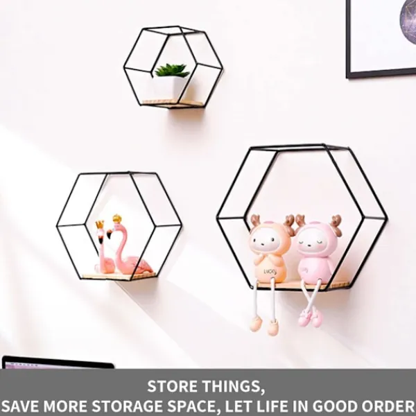 Hyllor>Hexagonala metallvägghyllor set om 3, dekorativa hängande hyllor, loftvägghyllor, hyllor Kompatibla med väggdekoration black