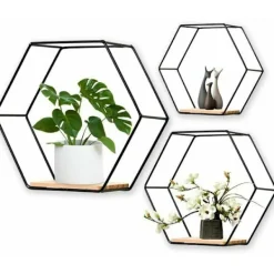 Hyllor>Hexagonala Vägg Hyllor Set om 3, Metall & Trä, för Kök Badrum Sovrum, Svart Väggdekor [CH]