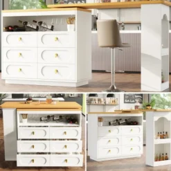 Köksö>Höj- och sänkbart barbord (138-203 cm), utdragbart med 360° svängfunktion, hjul och låda, förvaringsutrymme, vit