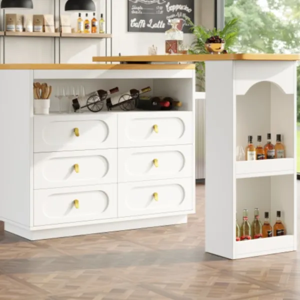Köksö>Höj- och sänkbart barbord (138-203 cm), utdragbart med 360° svängfunktion, hjul och låda, förvaringsutrymme, vit
