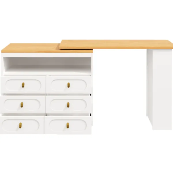 Köksö>Höj- och sänkbart barbord (138-203 cm), utdragbart med 360° svängfunktion, hjul och låda, förvaringsutrymme, vit