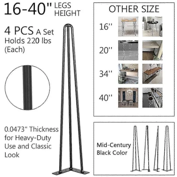 Soffbord>Hårnålsbordsben 40 cm, Set med 4 DIY-bordsben 3 stänger kraftiga