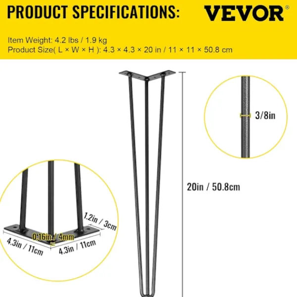 Kontorsmöbler>Hårnålsbordsben 51 cm Svarta Set om 4 Skrivbordsben Varje 100 kg Kapacitet Hårnålsbordsben 3 Stänger