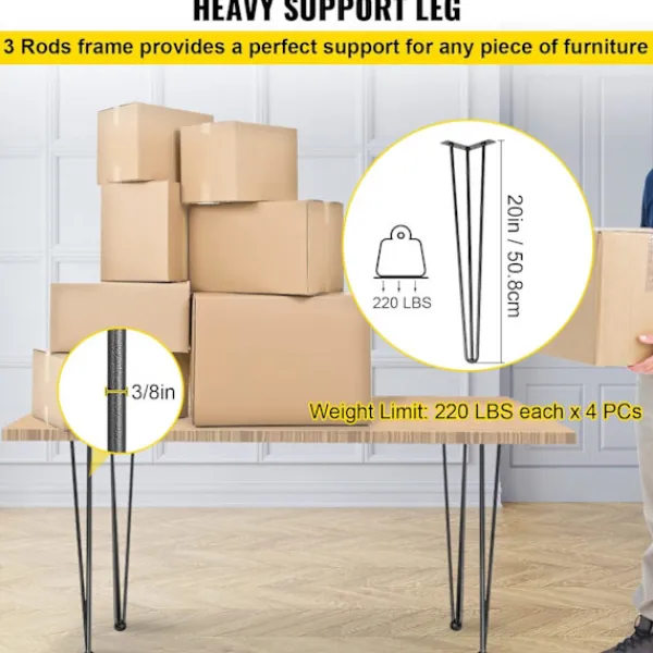 Kontorsmöbler>Hårnålsbordsben 51 cm Svarta Set om 4 Skrivbordsben Varje 100 kg Kapacitet Hårnålsbordsben 3 Stänger