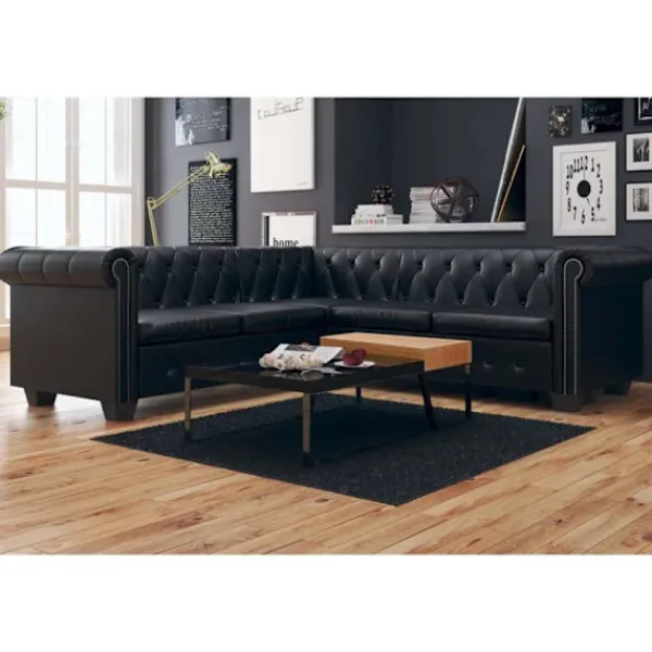 vidaXL Soffor>Hörnsoffa 5-sitsig Chesterfield konstläder svart